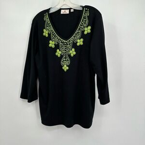 Quacker Factory Womens Embellished Top Sz L Artsy Boho Statement Sparkle Cottage